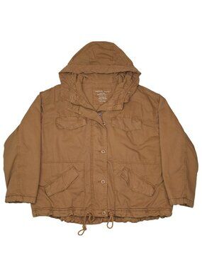 American Eagle Mens Hooded Utility Jacket XL Brown Cotton Blend Drawstring Hem